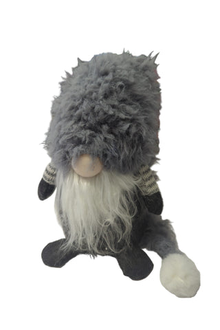 Plush gnome with gray fur hat and scarf on a white background