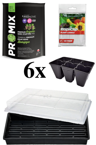 Gardening supplies including Pro-Mix, plant labels, seed trays, and a propagator on a white background.