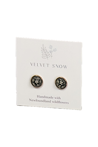 Velvet Snow - Stud Earrings | Queen Anne's Lace on Black | Round | Rose Toned Stainless Steel